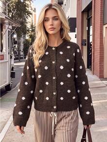 Nicenter Women's Brown Polka Dot Autumn/Winter Wool Blend Crew Neck Front Button Long Sleeve Loose Cardigan Sweater, Comfortable Elegant Daily Layering - Multicolor - View 9