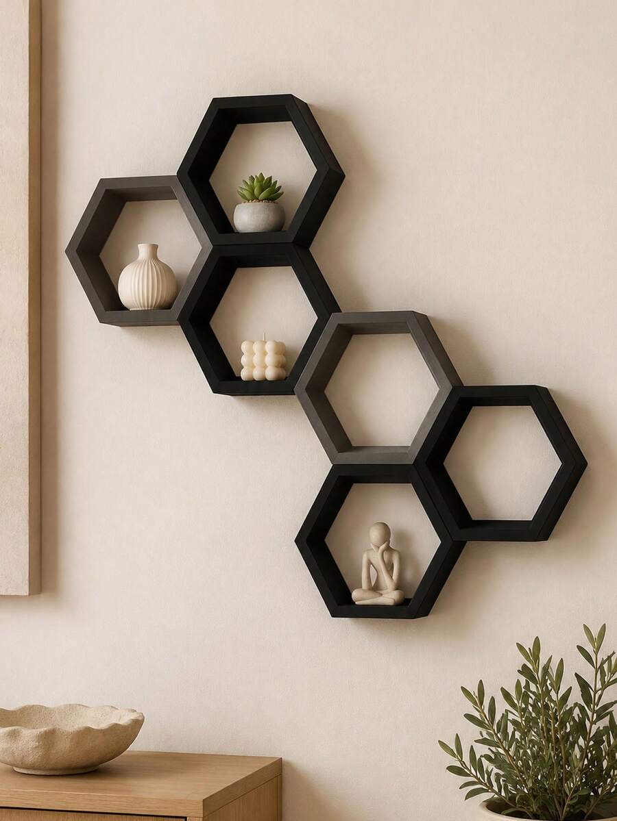 1/3pcs Black Hexagon Floating Wall Shelves Mini Wall-Mounted Display Rack, Living Room/Bedroom Wall Storage Decoration, Black Geometric Wall Shelf, Small Green Plants & Perfume Display Storage Rack - Black - View 1