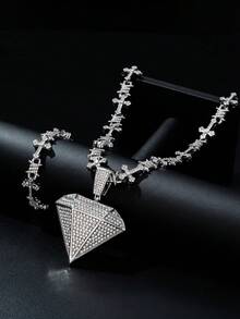 Iced Out Thorn Cross Chain Necklace & Bracelet Set, Full Rhinestone Diamond Shape Pendant Hip Hop Jewelry Set For Men,Party Club Daily Wear - Hip Hop Cross Thorn Set - View 2