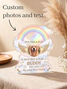 1pc Personalized Custom Photo & Text Pet Memorial Plaque, Rainbow Bridge Dog-Shaped Desktop Memorial Ornament, Angel Wings Pet Loss Memorial Decor, Sympathy & Remembrance Gift For Dog & Cat Pet Owners, Home Desktop Memorial Display - Multicolor - View 1