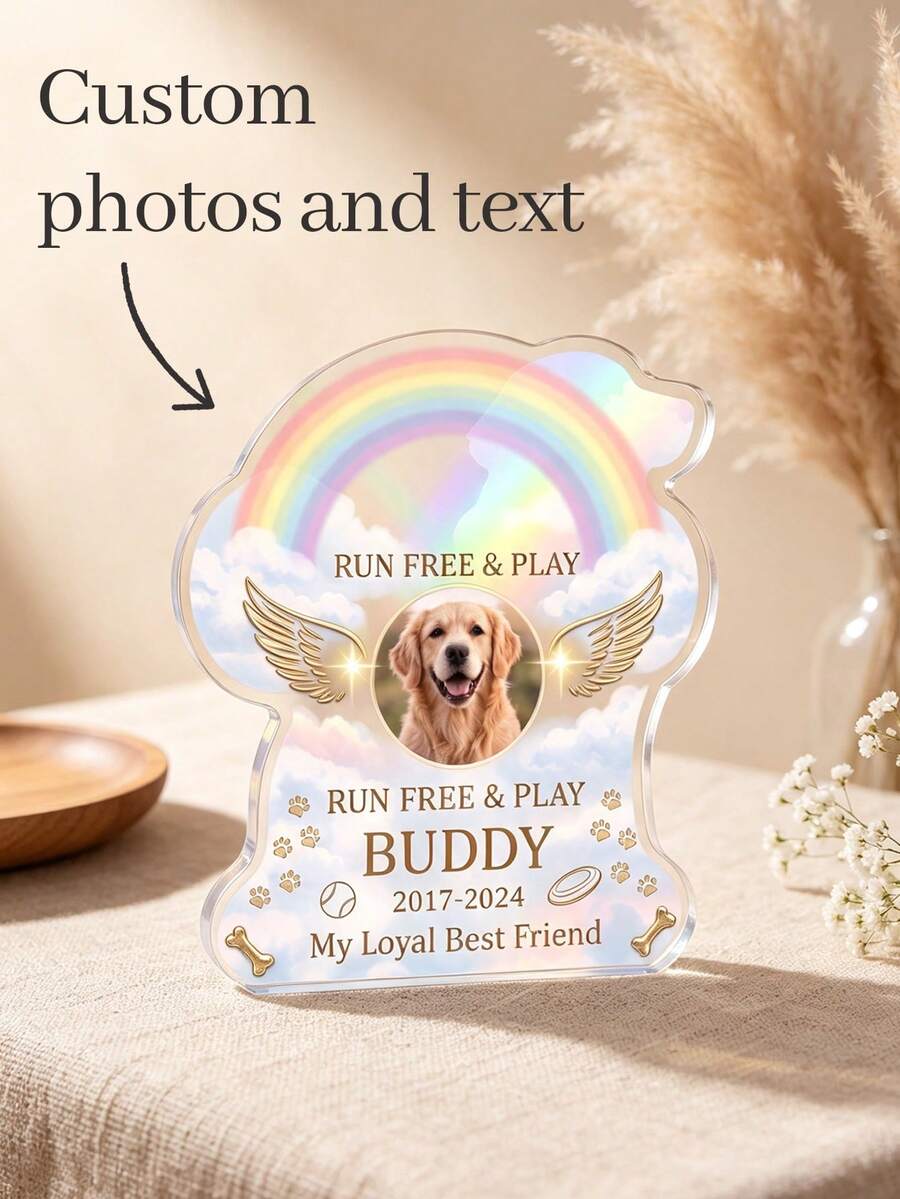 1pc Personalized Custom Photo & Text Pet Memorial Plaque, Rainbow Bridge Dog-Shaped Desktop Memorial Ornament, Angel Wings Pet Loss Memorial Decor, Sympathy & Remembrance Gift For Dog & Cat Pet Owners, Home Desktop Memorial Display - Multicolor - View 1