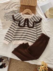 bearleader Girls Autumn 2 Pieces Outfit, Brown And White Oversized Collar Long Sleeve Sweatshirt With Solid Color Casual Flare Pants - Brown - View 3