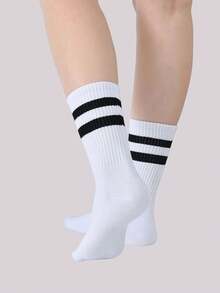 1/5/10 Pairs Men's Classic Double Stripe Black & White Mid-Calf Socks, Retro Collegiate Style, Elastic & Breathable, Versatile Skateboard Socks - White - View 5