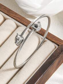 1PC Men Vintage Viking Double Wolf Head Twisted Open Cuff Bangle, Stainless Steel Adjustable Punk Bracelet, Gift For Boyfriend Couple - Szgss040 - View 6