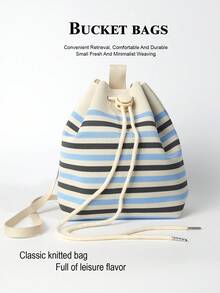 Striped Colorblock Jacquard Knit Drawstring Bucket Bag, Casual Minimalist Crossbody Bag With Multiple Pattern Options, Large Capacity To Store Phone, Umbrella, Cosmetics And Other Daily Essentials, Versatile For Daily Commute And Shopping - Multicolor - View 6