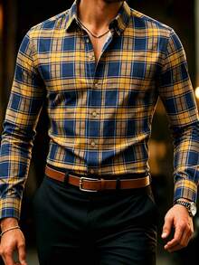 Men's Plaid Casual Long Sleeve Shirt - Blue - View 1