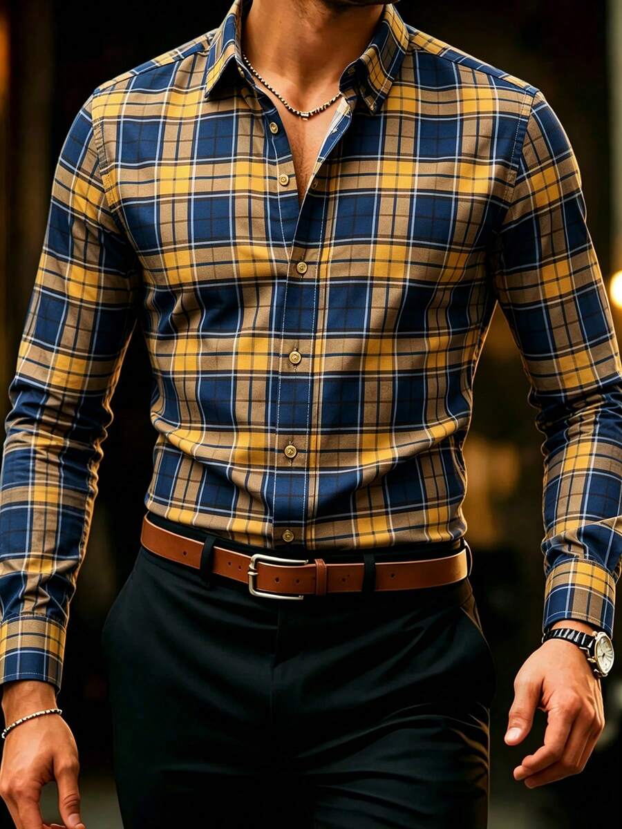 Men's Plaid Casual Long Sleeve Shirt - Blue - View 1