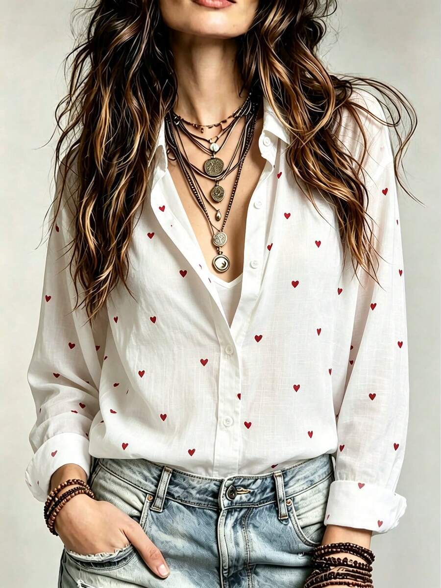 Women's Casual All Over Print Heart Button Front Shirt Collar Long Sleeve Shirt Business Office Home Vacation Holiday Spring Autumn Winter - White - View 1