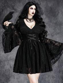 Women's Gothic Sexy Dark Halloween Party Romantic Glamorous Layered Witch Sleeve Cosplay Metal Rope Waist Elastic Dress - Black - View 1