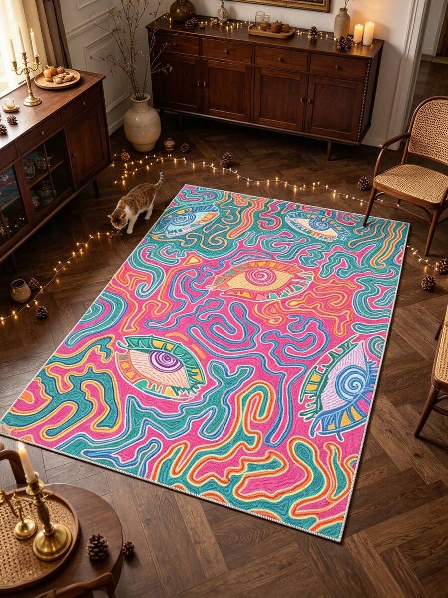 1 pieza Alfombra de sala de estar con patrón artístico de ojo rosa, alfombra engrosada, alfombra gruesa, alfombra de felpa, alfombra de otoño/invierno, alfombra engrosada, alfombra de sala de estar, alfombra, alfombra de área de sala de estar, alfombra de área pequeña, tapete, decoración del hogar, alfombra grande de sala de estar, alfombra redonda, decoración del hogar de sala de estar, decoración de la habitación, alfombra lavable - Multicolor - Ver 1