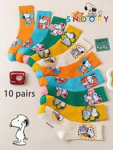SNOOPY 1/5/10雙 Snoop Sock 女款中筒襪，多巴胺配色拼色可愛百搭休閒透氣趣味禮物襪 - 彩色 - 查看 12