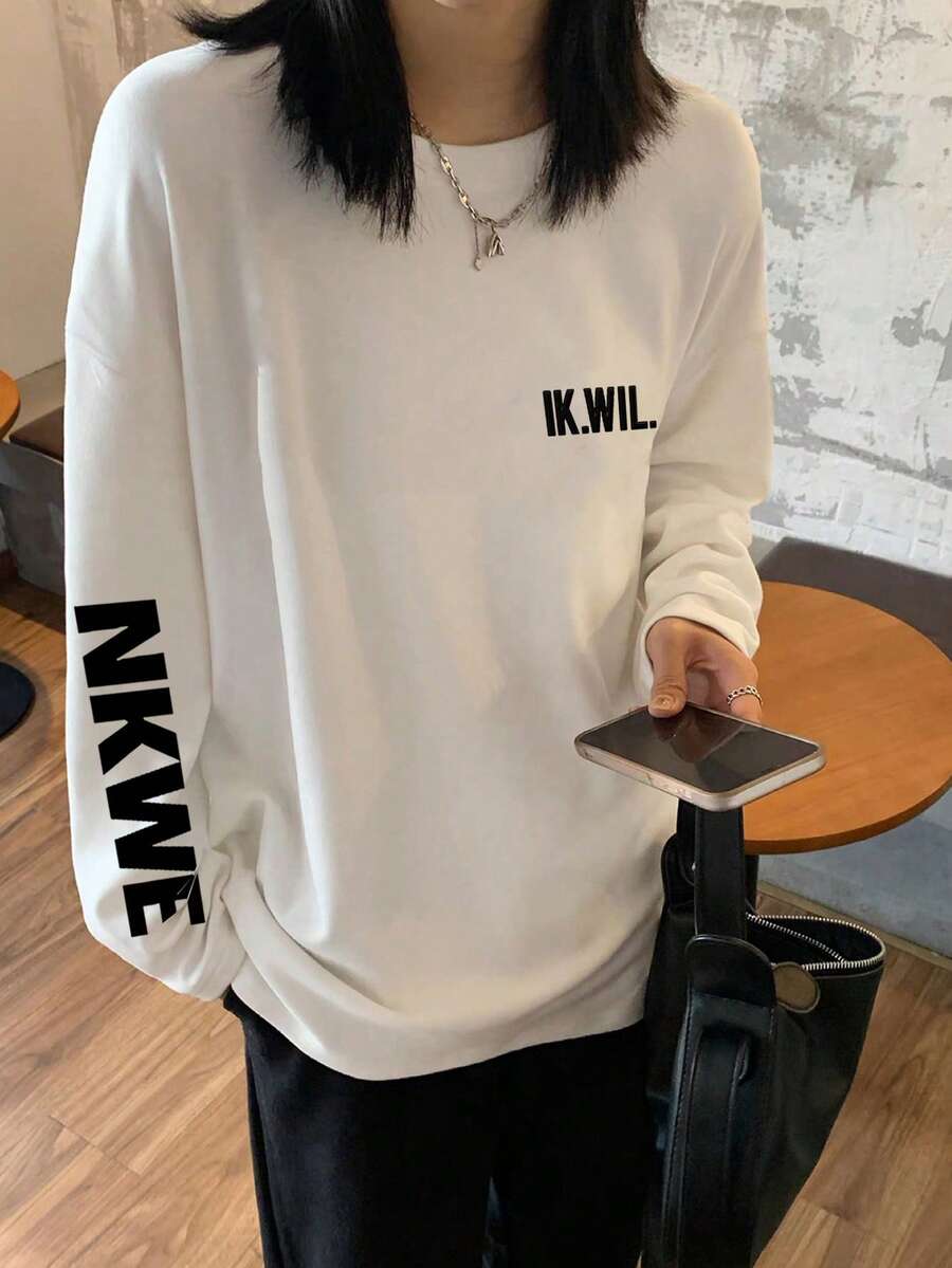 女款春夏/秋冬寬鬆版型百搭圓領時尚休閒字母印花長袖T恤 白色 - 白色 - 查看 1