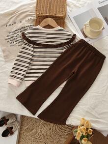 bearleader Girls Autumn 2 Pieces Outfit, Brown And White Oversized Collar Long Sleeve Sweatshirt With Solid Color Casual Flare Pants - Brown - View 2