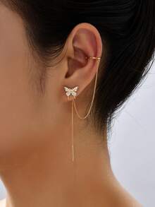 2 buah Anting Jepit Kawat Bentuk Kupu-kupu dengan Rumbai Zirkonia Tembaga - Yellow Gold - View 8