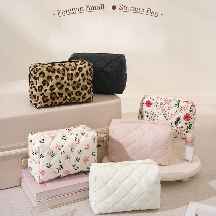 New Girl's Floral Quilted Makeup Bag, Portable Travel Skincare Toiletry Bag, Minimalist Large Capacity Soft Storage Bag - Storage Bag - View 1