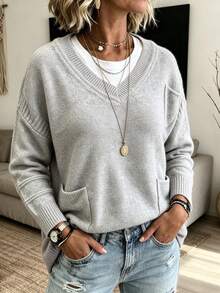 Plus Size Women's Grey V-Neck Pullover Knit Sweater, Versatile Casual Preppy Style - Light Grey - View 1