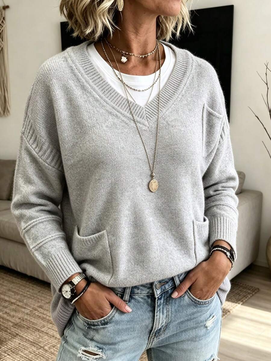 Plus Size Women's Grey V-Neck Pullover Knit Sweater, Versatile Casual Preppy Style - Light Grey - View 1