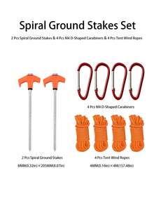 1 Set Heavy Duty Threaded Tent Stakes Kit, 2 Metal Threaded Tent Stakes With 4 Tent Guy Ropes And 4 D-Shaped Clips, Outdoor Camping Beach Awning Fixing Accessories - Multicolor - View 12