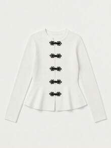 FOR BEAUTY Autumn/Winter Y2K White Ribbed Knit Women's Cardigan With Stand Collar, Slim Fit, Cinched Waist And Ruffle Hem, Fashionable For Dating, Evening Events And Outerwear - White - View 7