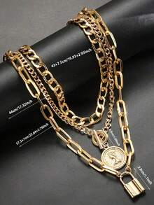 3pcs Vintage Elegant Personalized Exaggerated Punk Style Women Coin & Lock Pendant Necklaces, Suitable For Daily, Party And Travel Wear - Gold - View 2