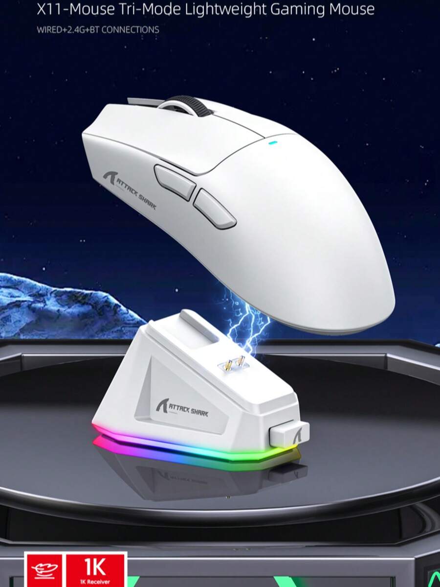 ATTACK SHARK Lightweight PAW3311 Gaming Mouse, 3-Mode Wireless Bluetooth Mouse With RGB Charging Base, Rechargeable Computer Gaming Mouse For Home, Business And Office - View 1