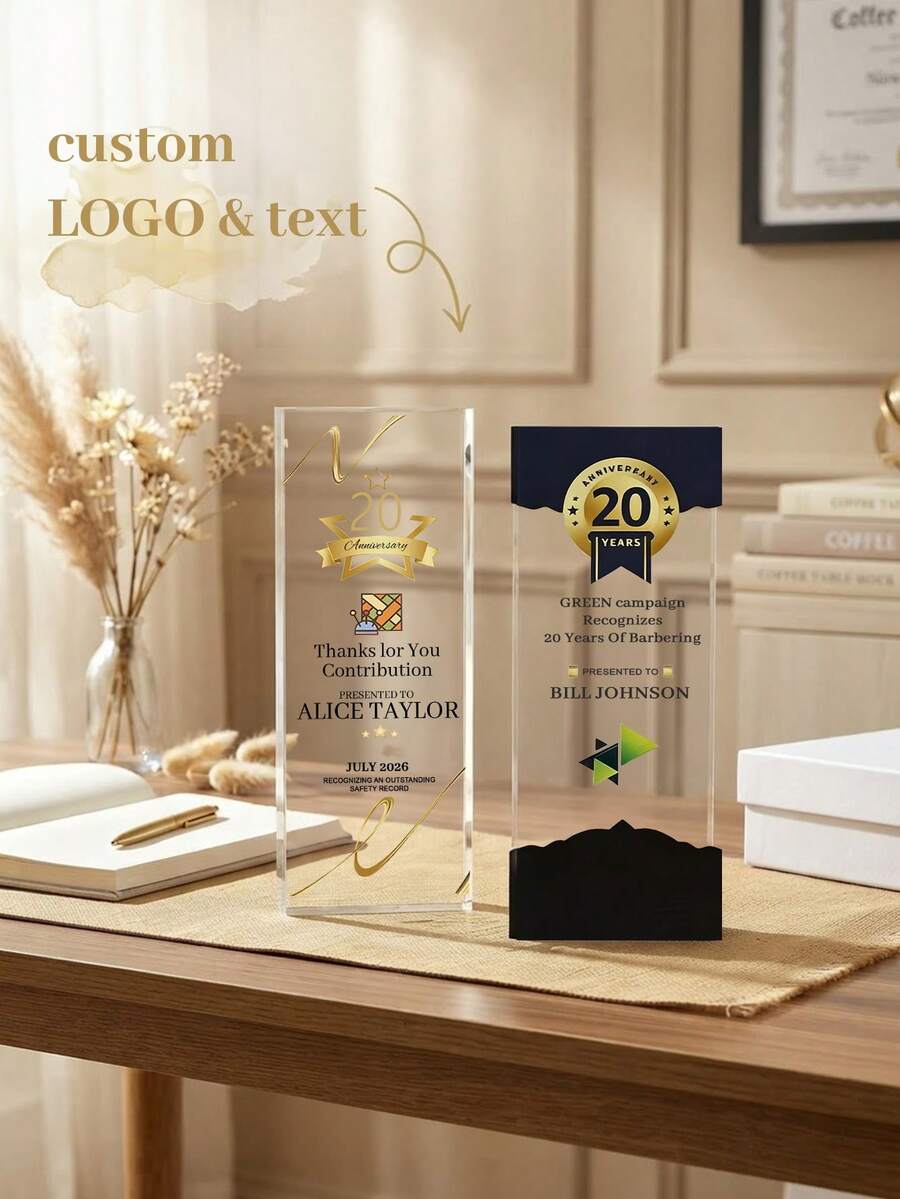 1pc Customized Engraved Acrylic Trophy, Personalized Logo Text Award, Corporate Employee Recognition Gift, Business Achievement Appreciation Desktop Trophy - Multicolor - View 1