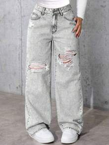 Teen Girls Distressed Denim Jeans Comfortable Versatile Jeans - Light Grey - View 1