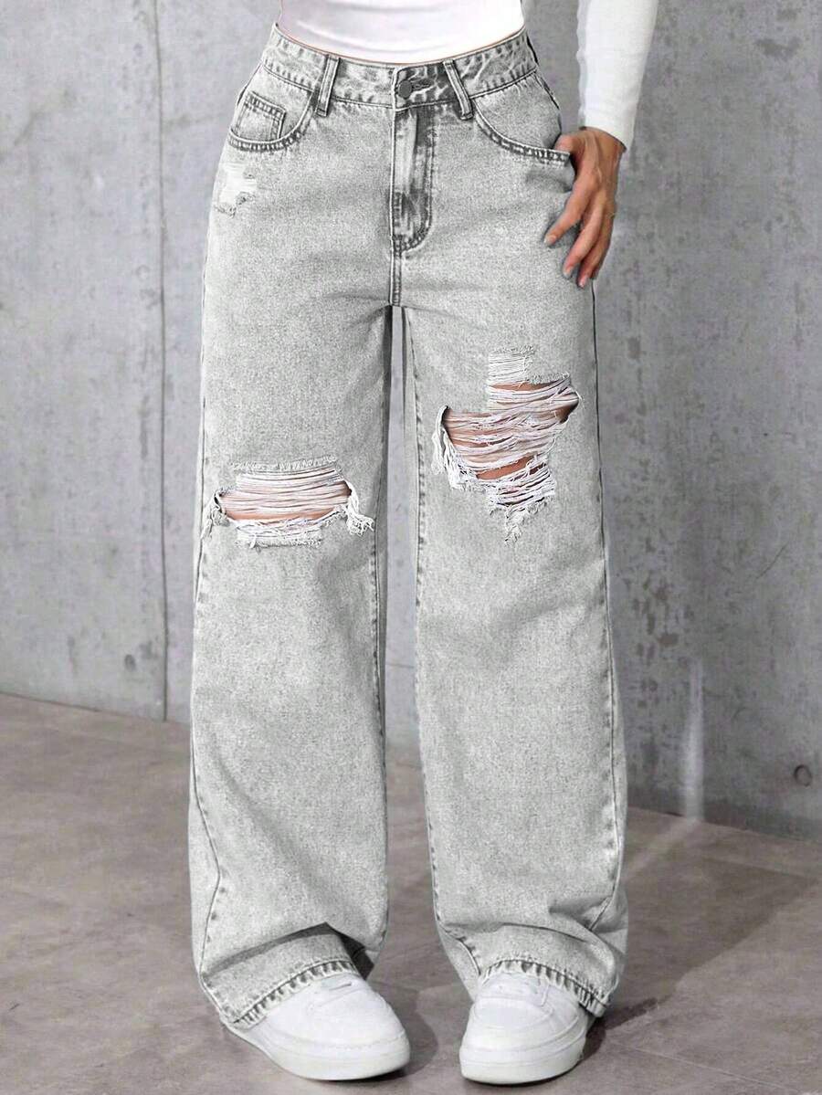Teen Girls Distressed Denim Jeans Comfortable Versatile Jeans - Light Grey - View 1