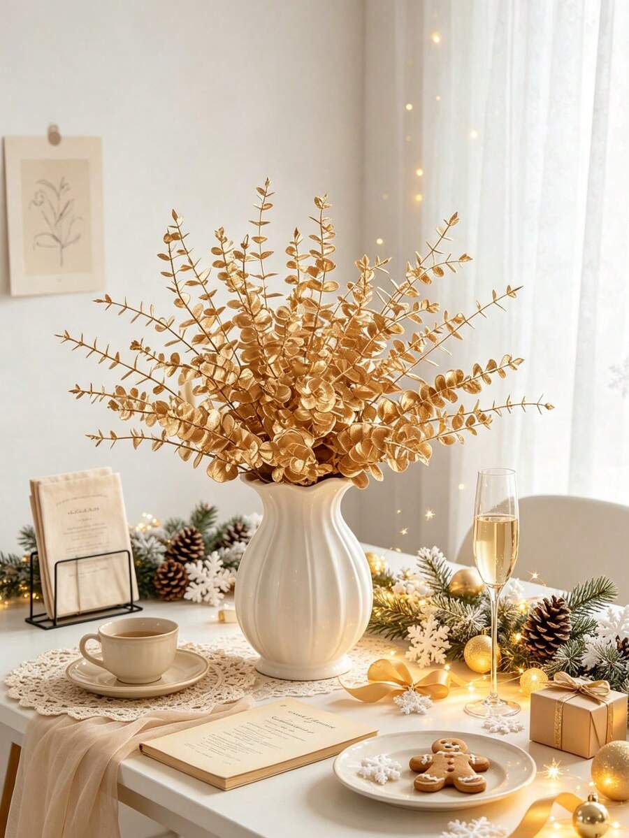 10/50/800pcs 14.96 Inch Artificial Eucalyptus Stems, Eucalyptus Branches, Wedding Bouquet, Home Decor, Christmas Home Decor, Living Room Bedroom Decor, Holiday Birthday Party Accessories, Christmas Decorations - Gold - View 1