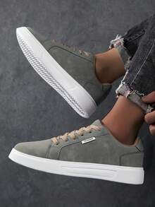 Men's Solid Color Lace-Up Low-Top Round Toe Minimalist Casual Sneakers For Daily Wear - Dark Military Green - View 5