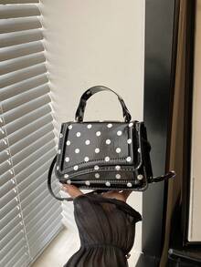 Mini Polka Dot Pattern Fashion PU Designer Style Elegant Women's Flap Top Small Handbag, Square Crossbody Shoulder Bag - Black - View 11