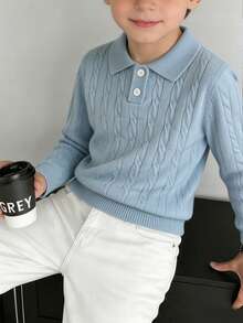 Boys 8-14Y Fall Winter Cable Knit Polo Sweater, Long Sleeve Button Collar Pullover, Loose Warm Basic Casual Knit Top For Daily Wear - Baby Blue - View 2