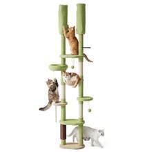 Cat Tree, Height Adjustable From **" To **", Multi-Functional Cat Climbing Tower, With Cat Hammock, Scratching Posts, Dangling Balls, Climbing Platforms, Rubbing Post, Feeding Area, Green - Green - View 3