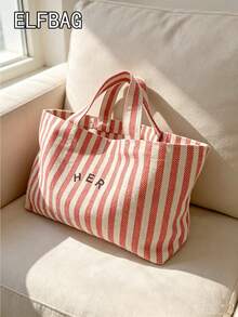 Casual Minimalist Letter Canvas Tote Bag, Striped Solid Color Handbag, High Cost-Effective Fashion Versatile Tote Bag Suitable For Moms, Students, Office Workers - Red - View 3