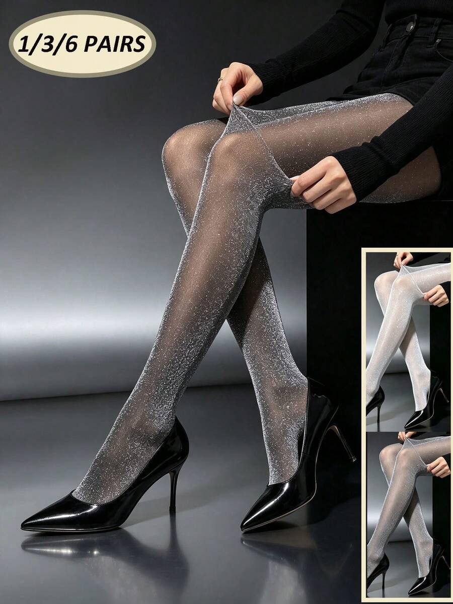 1 Pair Plus Size Women's Shiny Thin Jumpsuit, Pearl Black White Grey Tights, High Elasticity Anti-Slip Leggings, Suitable For Daily Wear, Also An Excellent Christmas Gift - Multicolor - View 1