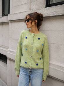 Cardigan Rajut Hijau Vintage Wanita dengan Kancing Bintang, Lengan Raglan Panjang, Leher Bulat, Potongan Reguler - Hijau - View 3