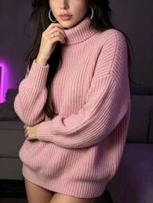 Women's High Neck Knit Sweater Pullover, Slouchy Ribbed Soft Elegant Casual Solid Color Versatile Top - Pink - View 1