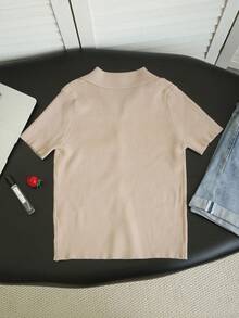 Fashionable Polo Collar Raglan Short Sleeve Knit T-Shirt For Women, Spring/Summer New Lightweight Casual Cardigan Top Fall - Light Khaki - View 9