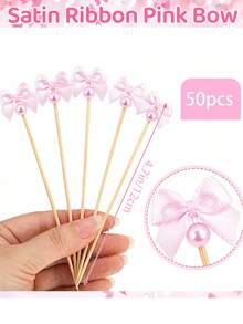 50pcs Pink/Red Bow Cocktail Pick Appetizer Ribbon Bow Toothpick Ribbon Decorations For Fruit Dessert, Drink Stirrers For Wedding Party Shower, Ballerina Sandwich Skewers Bul - Bow - View 11