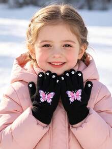 1 Pair Butterfly Pattern Children's Knitted Gloves, Elastic Cuff Kids Finger Gloves, Sweet Girls Daily Accessory And Children's Holiday Gift - 1Pair - View 2