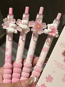4 PCS Set Of Cherry Blossom Fluffy Bear Soft Grip Click Pens, Healing Milk-Froth Style Black Ink Smooth Flow, 0.5Mm Standard ST Nib Non-Clogging - Multicolor - View 2