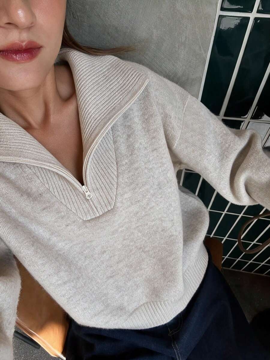 SEREN Sweater Kerah Setengah Resleting Musim Gugur/Dingin Terbaru, Atasan Abu-abu Muda dengan Potongan Longgar, Cocok untuk Perjalanan Sehari-hari, Jalan-jalan, dan Acara Lainnya - Light Grey - View 1