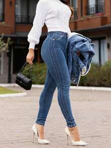 Women's Casual Blue Slim Fit Stretch Denim Jeans, Stretch Slim Leg Pants, Versatile All-Match Style For Daily Commute - Blue - View 1