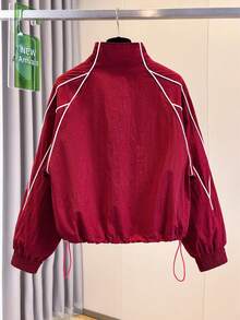 Women's American Retro Red Casual Sports Jacket, Minimalist Street Style, Design-Driven White Stripes, Drawstring Hem, Youthful Fashion, Sports Commute, Daily Versatile - Red - View 7