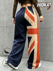 Hidkat Women's Lightweight Streetwear American Vintage Colorblock Patchwork Wide Leg Pants With Drawstring Waist, Spring/Autumn Sports Long Pants - Blue - View 3