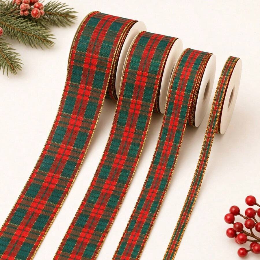 Red And Green Plaid Ribbon With Luxurious Gold Trim Pattern, Suitable For Gift Wrapping, Holiday Celebrations, Making Bows, Wreaths And Other DIY Crafts - Multicolor - View 1