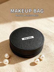 PRADA BEAUTY Black Saffiano Leather Round Jewelry Box, Brand Label Zipper Storage Bag, Portable Mini Makeup Accessory Organizer, Luxury Gift For Women PRADA‑GIFT‑3 - Black - View 1
