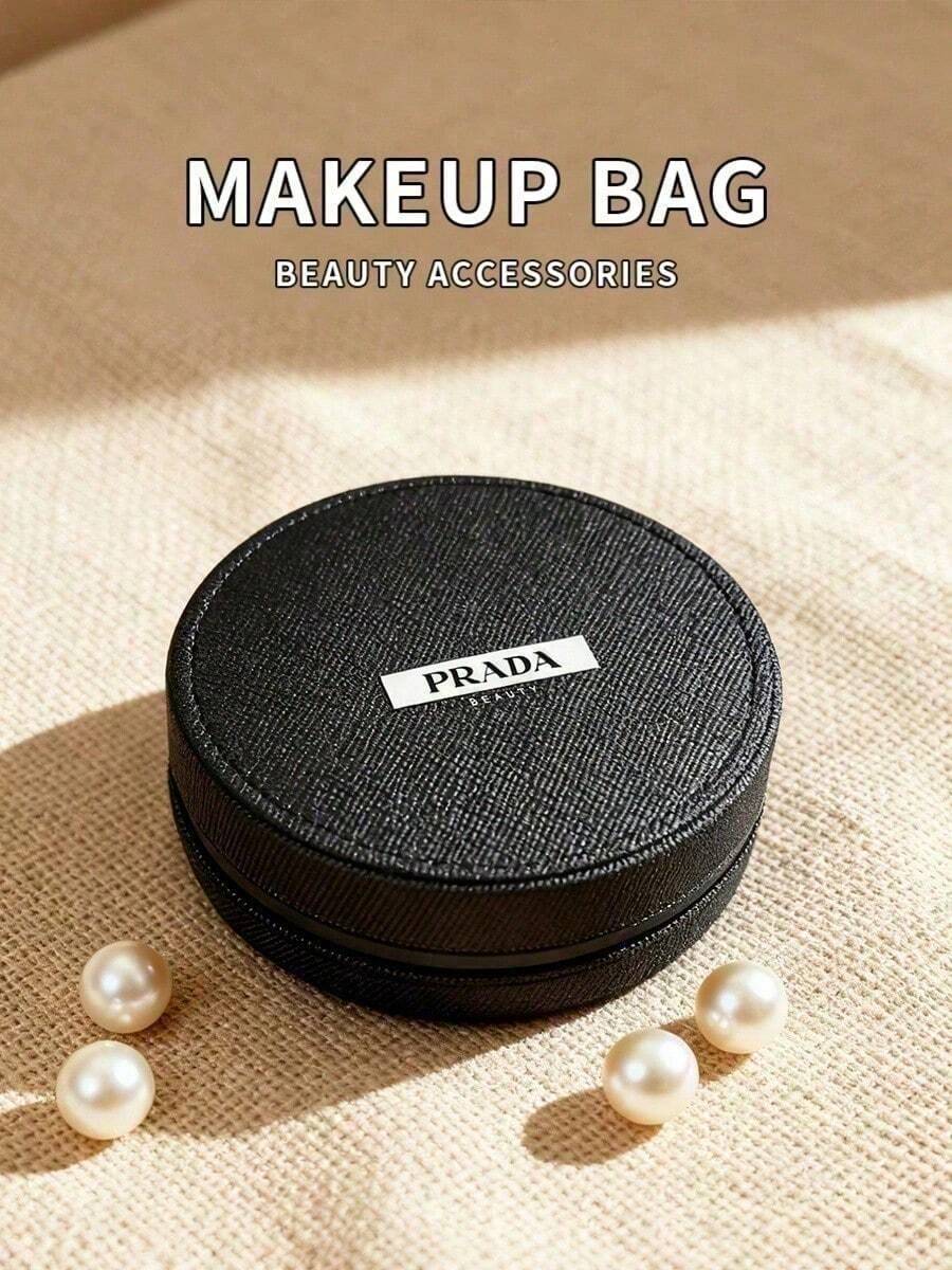 PRADA BEAUTY Black Saffiano Leather Round Jewelry Box, Brand Label Zipper Storage Bag, Portable Mini Makeup Accessory Organizer, Luxury Gift For Women PRADA‑GIFT‑3 - Black - View 1
