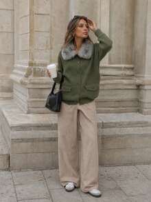 New Autumn/Winter Women's Casual Minimalist Contrast Color Faux Fur Collar Knit Cardigan Jacket - Green - View 2