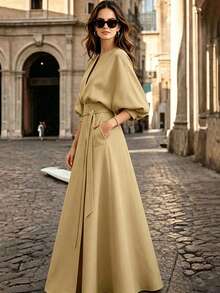 Solid Color Printed Belt Decor V-Neck Puff Sleeve A-Line Dress Summer Elegant - Khaki - View 2